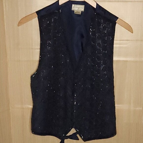 Jeremy  Spenser Navy Blue Beaded Silky Vest Large - Picture 1 of 7